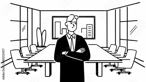 Confident businessman standing in a modern conference room with arms crossed, ready for a meeting