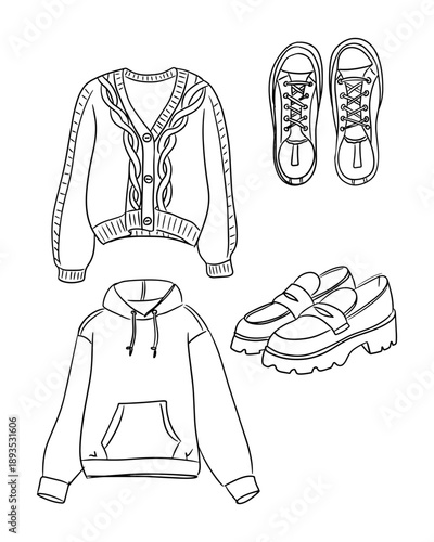 Hand drawn spring clothing set with cardigan hoodie sneaker and loafer isolated on white background. This image represents casual fashion concept and everyday wardrobe essentials