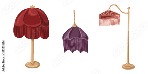 Hand drawn vintage lamps set with floor lamp table lamp and hanging lamp isolated on white background. This image represents retro interior decor concept and cozy lighting atmosphere