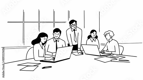 Business meeting with diverse team collaborating around a conference table with laptops and documents, showcasing teamwork and productivity in a modern office setting
