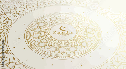 Elegant golden Ramadan Kareem design with intricate Islamic patterns on a light background, featuring a crescent moon and star.