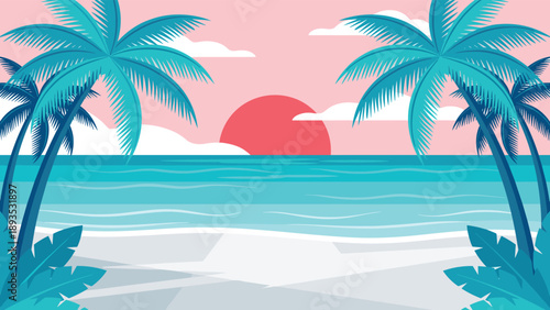 Tropical beach sunset illustration with palm trees, turquoise ocean waves, pink sky, summer vacation background, serene island landscape, flat vector seaside design