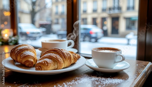 Cozy winter morning delight freshly baked golden croissants and steaming hot coffee on a rustic wooden table, with a charming view of a snowy city street