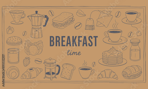 Vintage breakfast time illustration with coffee cups croissants pancakes sandwich tea kettle hand drawn line art menu poster background