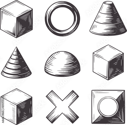 Collection of nine geometric shapes in style cube circle cone dome cross