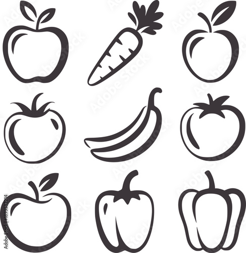 Collection of simple style fruit and vegetable apple carrot tomato banana pepper