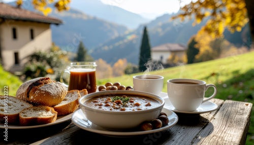 Cozy Autumn Morning Breakfast Outdoors Amidst Picturesque Mountain Landscape with Warm Drinks and Delicious Food Spread