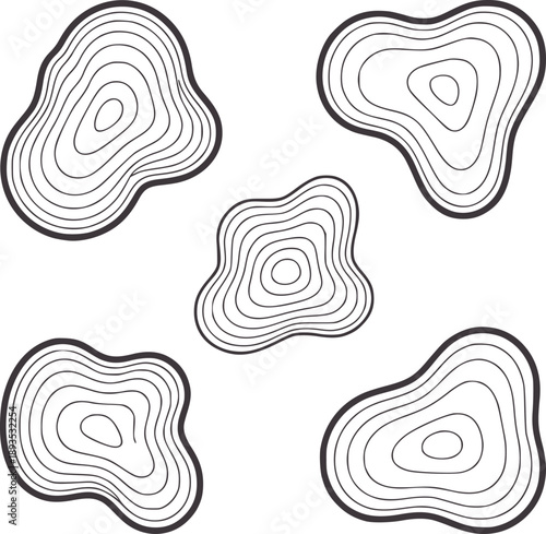 Five abstract organic shapes with concentric contour lines