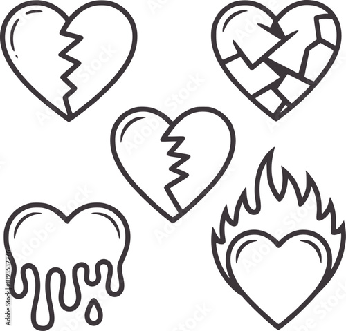 Five stylized hearts showing breakage melting fire and cracks broken