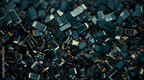 Pile of scattered old smartphones screens glowing blue dark chaotic electronic waste heap