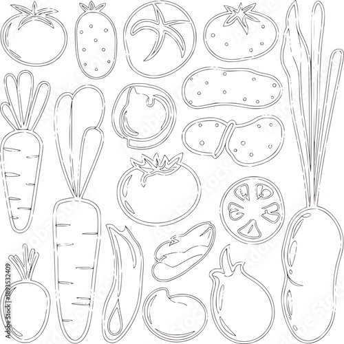 Hand drawn style outline vegetables and fruits collection tomato strawberry carrot