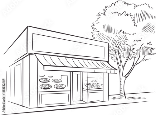 Minimalist pen ink of a bakery storefront with pastries and a tree