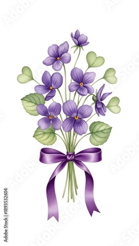 Watercolor illustration of a beautiful violet flower bouquet tied with a purple ribbon.
