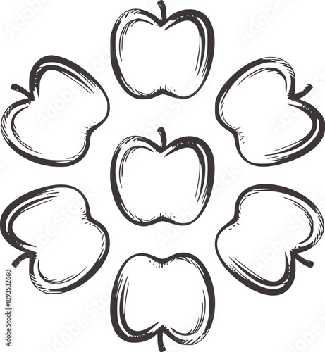 Seven hand drawn dark grey apples arranged in a circular pattern fruit food