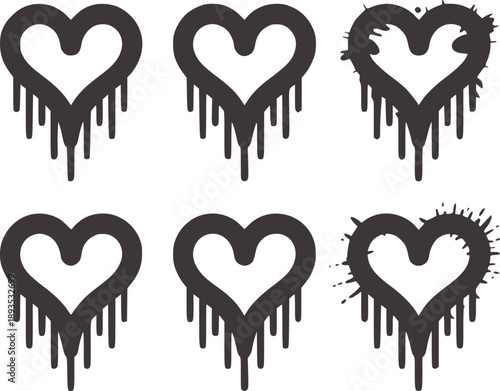 Six dark grey dripping and splattered heart