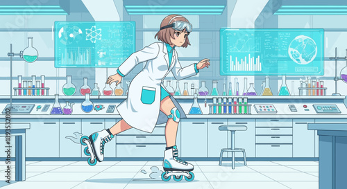 Female scientist in laboratory wearing roller skates