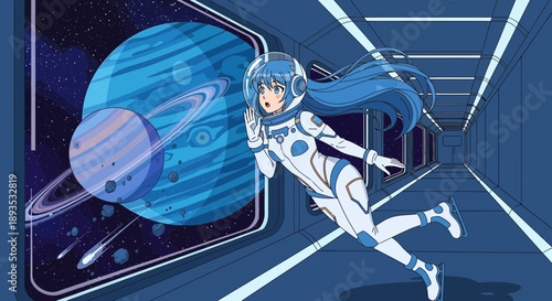 Futuristic Astronaut Floating in Spacecraft Corridor with Planetary View