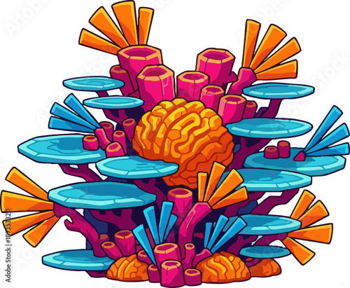 Vibrant Cartoon Illustration of Coral Reef and Brain Coral