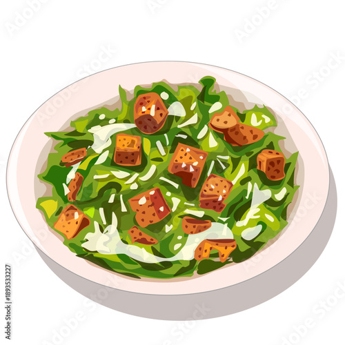 Healthy Caesar Salad Bowl with Croutons and Parmesan Cheese Vector Illustration