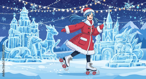 Woman Ice Skating in Winter Wonderland at Night