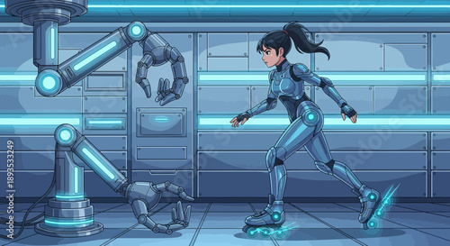 Woman in futuristic robotic suit runs from robotic arm