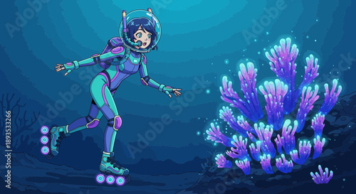 Woman in futuristic spacesuit rollerblading underwater near coral reef