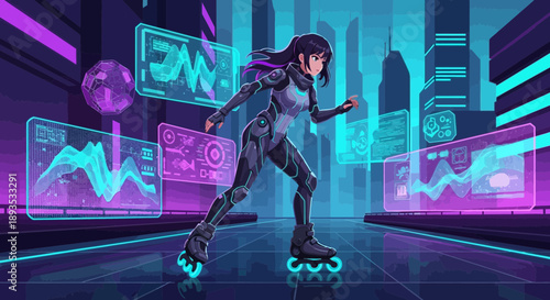 Woman in futuristic suit skating on neon-lit city floor