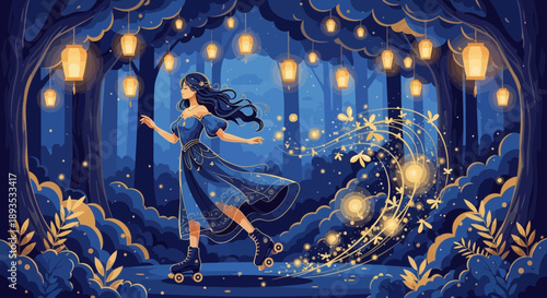 Woman Skating in Whimsical Forest with Lanterns