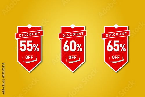 Extreme Discount Sale Tags Set, with 55, 60 and 65 Percent Off on Vibrant Yellow Background.Three red sale banners displaying percentage discounts on a yellow background.
