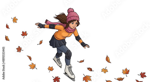 young girl ice skating on autumn leaves background