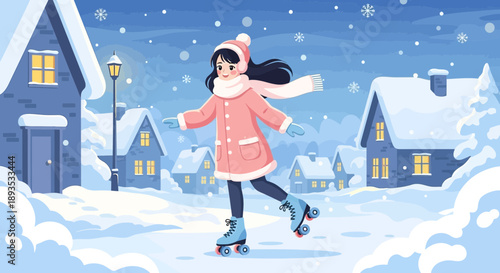 Young Girl Ice Skating on Frozen Lake in Snowy Winter Village