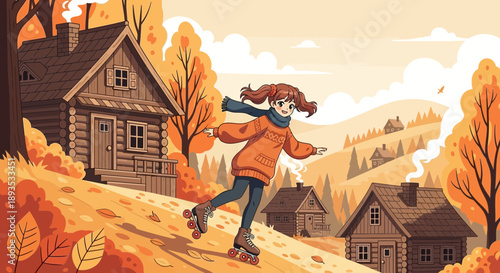 Young girl playing happily in an autumn village scene with rustic houses