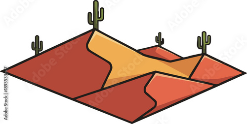 Stylized Isometric Desert Dunes Landscape with Cactus Plants