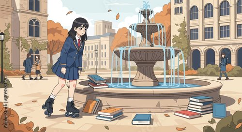 Young student girl standing by school fountain with books