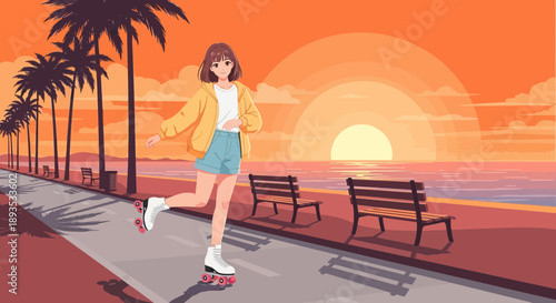 Young Woman Rollerblading Along the Beach Promenade at Sunset