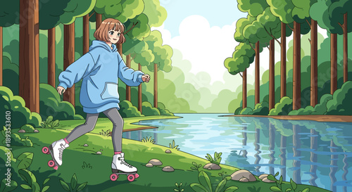 Young woman rollerblading in a forest by a lake