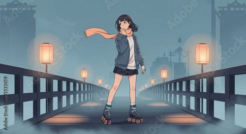Young woman rollerblading on a serene bridge at twilight