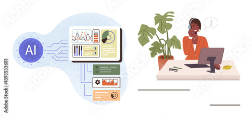 Artificial intelligence, customer service, data analytics, technology support, AI solutions, workflow optimization. A person assisting via a headset, and AI-powered visuals and charts. AI solutions