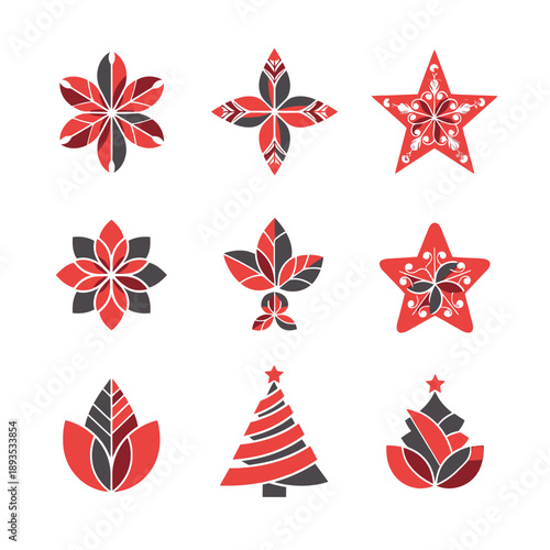 A duotone graphic icon set of minimalist geometric Christmas symbols snowflake, Bethlehem star, abstract tree rendered in a bold Candy Cane Red and Cool Gray palette, isolated on white