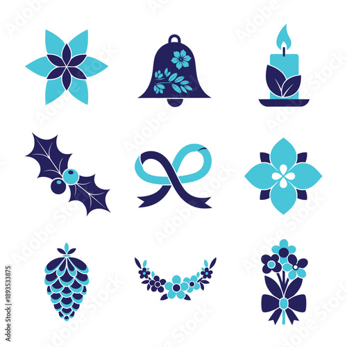 A minimalist geometric flat duotone graphic illustration showcases eight abstract Christmas icons infused with botanical shapes, rendered in a striking dark blue and vivid turquoise color scheme