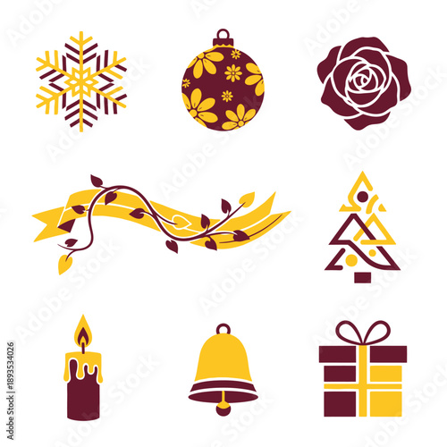Eight abstract geometric winter holiday symbols illustrated as flat duotone graphic icons, featuring a bright gold yellow and deep burgundy two tone color scheme on white