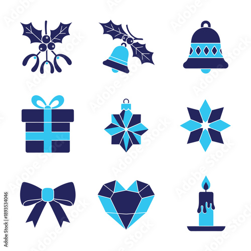 Eight professional duotone graphic icons of winter and Christmas symbols mistletoe, holly, gift box, candle , styled in flat geometric Navy Blue and Bright Cyan on a white background