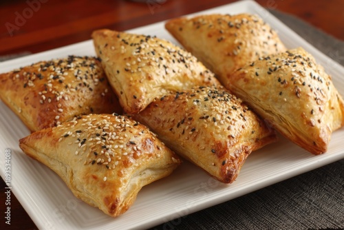 Samsa pastry food background with traditional baked meat pies. Authentic Central Asian cuisine scene for restaurant menus, food advertising and culinary design.