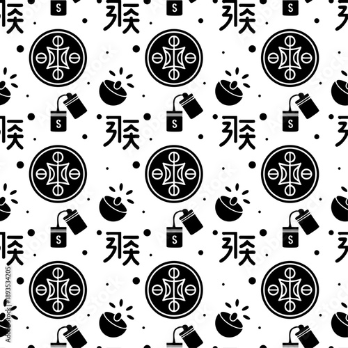 Mystic sigil and alchemy symbols seamless pattern in black and white, Abstract occult talisman and ancient hieroglyph vector background, Minimalist esoteric sacred geometry and ritual icons pattern