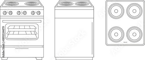 Electric stove front, side, top view illustration, coil burner kitchen appliance, oven schematic for design, manufacturing, instruction