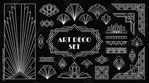 Art Deco Set with Luxury Geometric Frames, Vintage Golden Line Ornaments, Sunburst and Diamond Shapes on Black Background, Elegant 1920s Style Vector Collection for Branding and Design