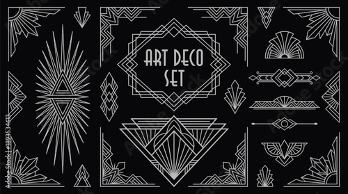 Art Deco Set with Luxury Geometric Frames, Vintage Golden Line Ornaments, Sunburst and Diamond Shapes on Black Background, Elegant 1920s Style Vector Collection for Branding and Design
