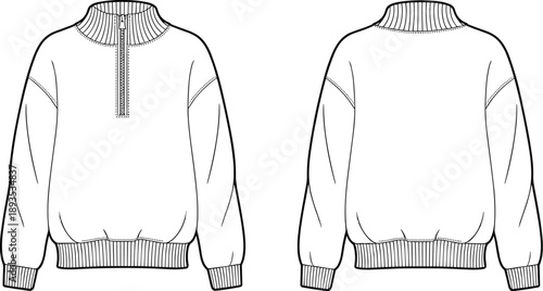 Technical fashion illustration of pullover sweatshirt, front and back view, ribbed collar, zipper detail, garment construction blueprint