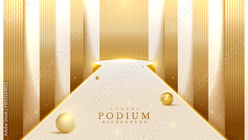 Empty golden podium with cream balls decoration on brown background with neon light and sparkling bokeh. Luxury gold scene design for product display. Vector illustration.