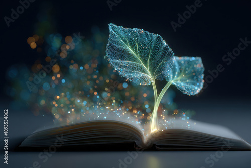 Digital neon tree sprout over open book on blurred background